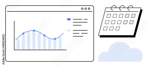Data graph in dashboard with blue stats trend, calendar for scheduling, cloud icon for digital storage. Ideal for data tracking, project planning, productivity, business analytics, scheduling apps