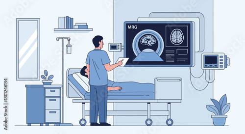 Medical Imaging Technician Examining Brain Scan Results in a Modern Hospital Setting