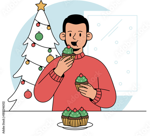 Children eat some Christmas cupcakes illustration.