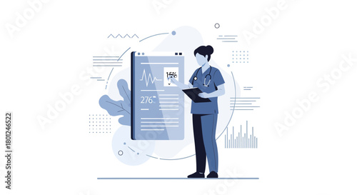 Medical Professional Analyzing Patient Data Interface Digital Healthcare Monitor Illustration