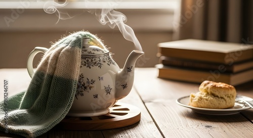 A cozy scene featuring a steaming teapot with a floral pattern, a knitted cloth, a plate with a scone, and a stack of books on a wooden table illuminated by warm sunlight