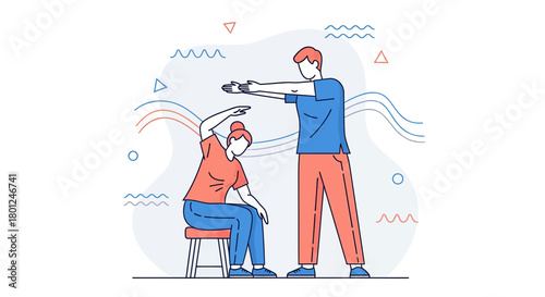 Illustrated Physical Therapy Session Depicting Medical Aide Guiding a Sitting Person