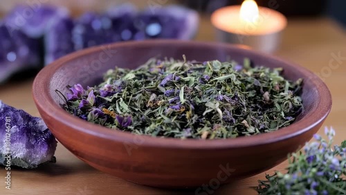 Elevated Wellness: Aromatic Herbs, Amethyst Crystals, and Soft Candlelight Ritual