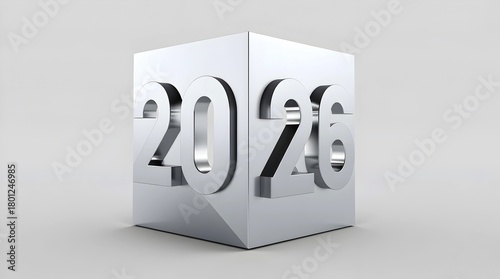 A Striking New 3D  of a Large, Metallic Silver Cube Slightly Tilted, with the Etched Numbers 2026 Representing the Future and Innovation.