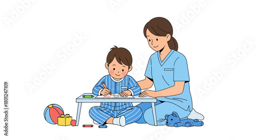 Illustration Of A Child Enjoying Art Therapy Session With Professional Kindness