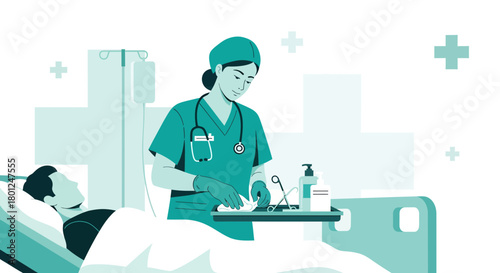 Medical Professional Attending a Patient's Needs with Necessary Equipment and Supplies