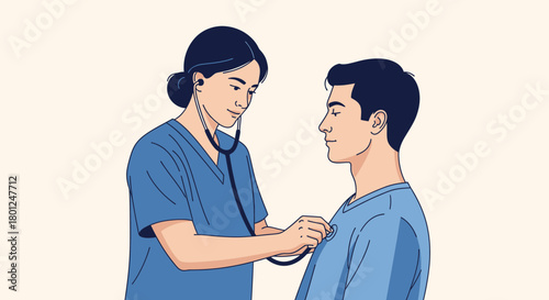 Medical Professional Auscultating Patient's Chest to Check Health Conditions, Vector Illustration