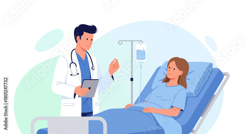 Medical Professional Explaining Diagnostics To A Patient During Their Hospital Stay Illustration