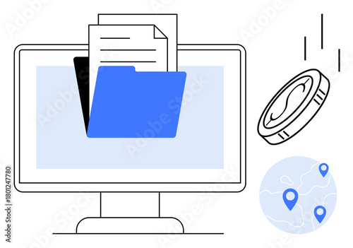 Computer monitor with folders and documents, coin as digital asset, and map with pins for logistics. Ideal for tech, finance, organization, storage, data navigation secure transfer. A simple flat