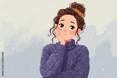 Joven pensativa con suéter de lana morado y moño desordenado, expresión de duda o preocupación.