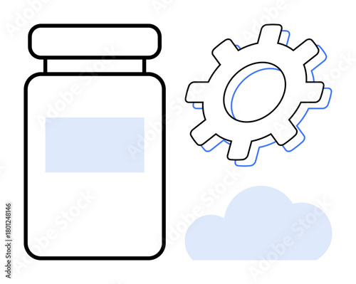 Pill bottle, gear, and cloud visualizing healthcare technology, innovation, and data storage. Ideal for medical progress, automation, research, pharmacy cloud computing drug production simple flat
