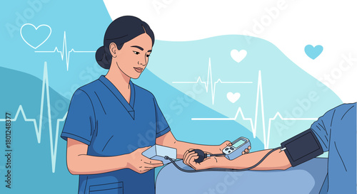 Medical Professional Measuring Blood Pressure Of A Patient In A Clinic Setting