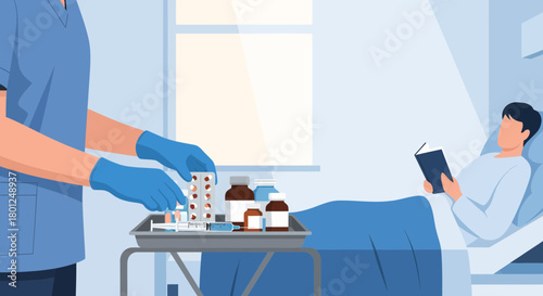 Medical Professional Preparing Medication for a Patient in a Hospital Room Setting
