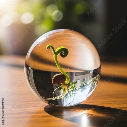 Close-up of a sprouting seedling inside a transparent glass sphere on a wooden surface with natural sunlight and blurred greenery in the background