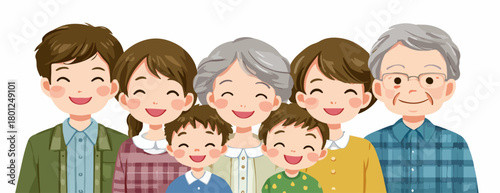 Ilustración vectorial de una familia multigeneracional japonesa sonriente y unida sobre fondo blanco.