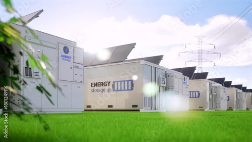 Alternative energy concept with 3d rendering group of energy storage systems or battery container units with various sources of energy 4k footage