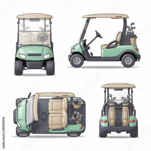 Golf Cart Multiple Views Isolated on White Background for Recreation