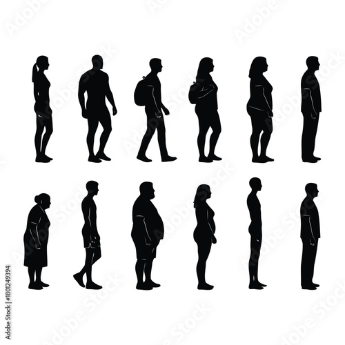 Diverse human silhouettes in side profile, many ages