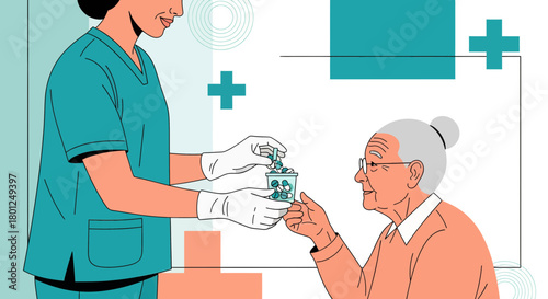 Medical Professional Providing Medication To An Elderly Patient With Compassion And Care
