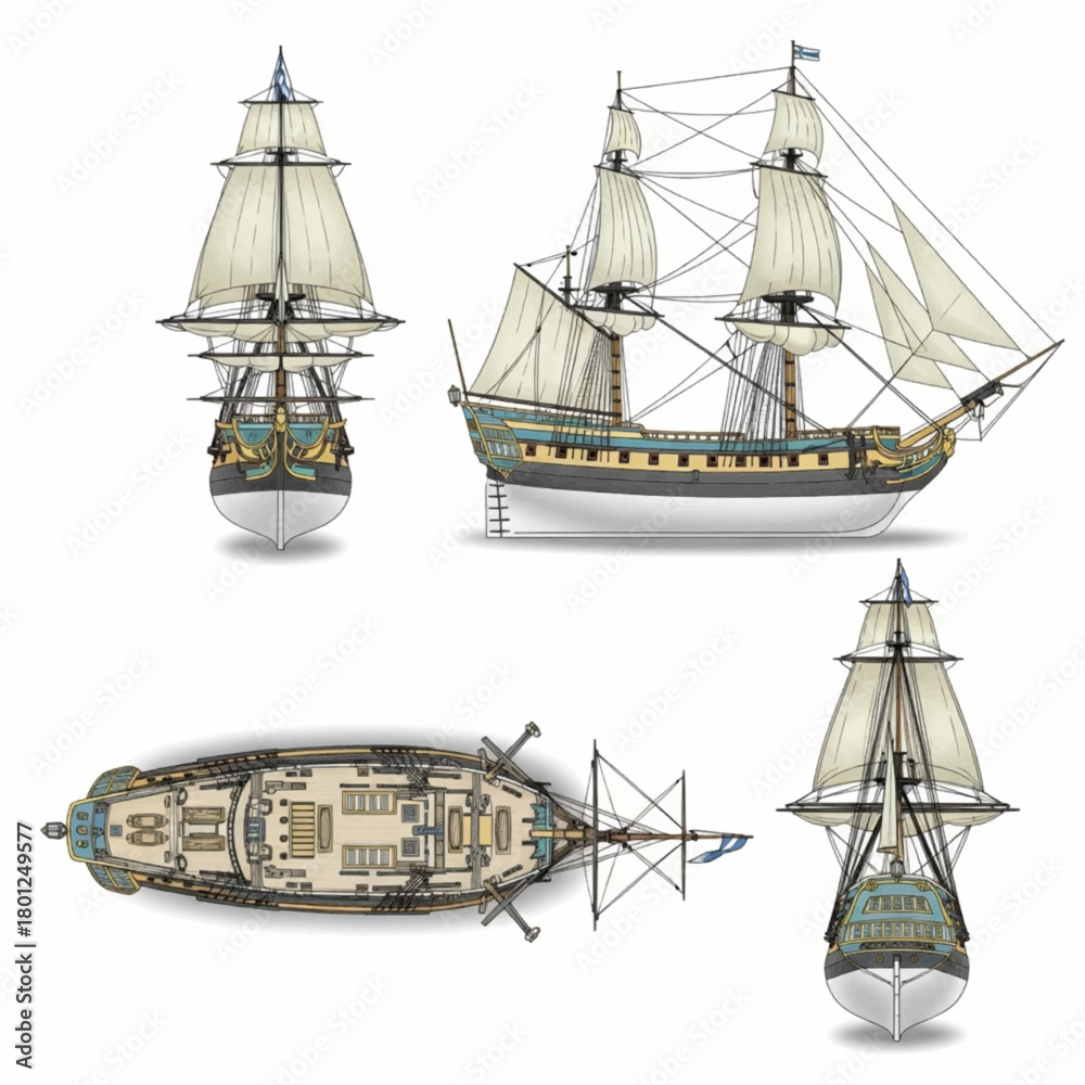 Naklejka premium Detailed Views of a Classic Sailing Ship Frigate Historical Naval Vessel Illustration