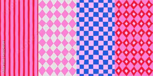 Set of seamless modern simple minimalist vertical bright colorful patterns, striped, checkered, and diamond backgrounds; blue and pink colors; hand-drawn vector illustration, drawing, flat style