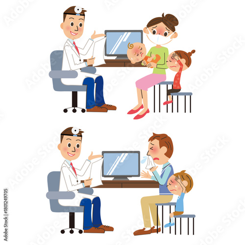 治療室で病気の診断をしてもらう親子