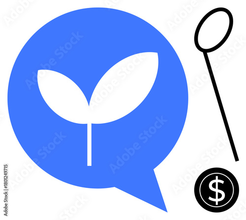Plant sprout within speech bubble and balloon with dollar coin emphasize growth, sustainability, creativity, and innovative funding. Ideal for eco-business, finance, communication, startups