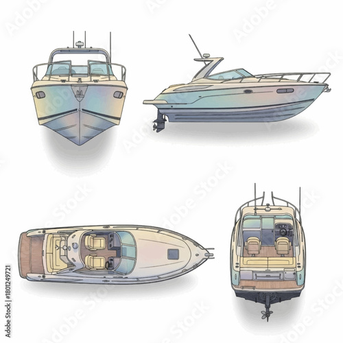 Motor Yacht Boat Views Illustration Set Isolated on White