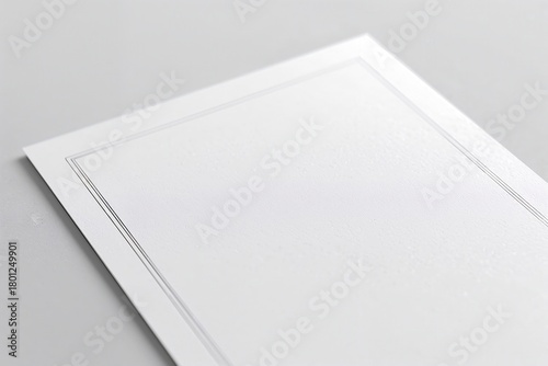 Close-up of a white, textured paper with a thin, gray double border, set on a gray surface.