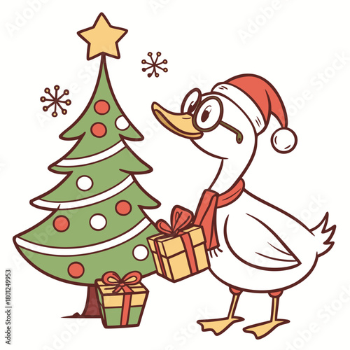 Cute SVG of a Bashful Duck in Festive Cheer colors, featuring wearing glasses in a Christmas setting