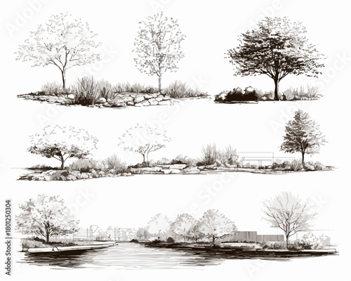 Conjunto de ilustraciones de árboles y vegetación en un estilo de boceto artístico, ideal para diseño paisajístico.