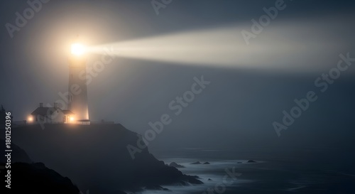 A lighthouse on a rocky coastline emitting a powerful beam of light into the foggy night sky, guiding ships safely through the dark waters