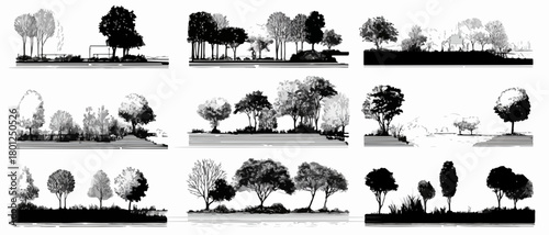 Conjunto de ilustraciones vectoriales en blanco y negro de árboles y vegetación, ideal para diseño gráfico y proyectos creativos.