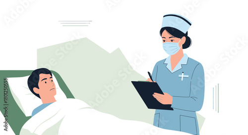 Medical Professional Records Patient Information in Hospital Room Graphic Illustration