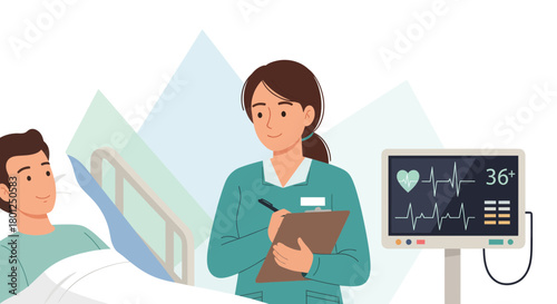 Medical Professional Records Vital Signs of a Patient in Hospital Bed With Monitor