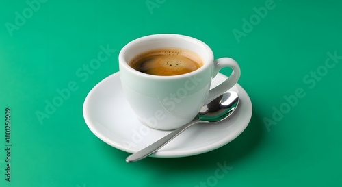 A white ceramic cup filled with freshly brewed coffee placed on a matching saucer with a metal spoon resting on the side against a vibrant green background