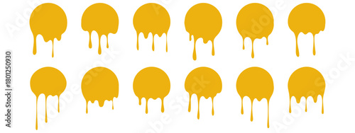 Melt honey drips paint circle set. Flowing liquid silhouettes and dynamic paint splashes.