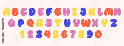 Playful crayon alphabet and numbers set. Colorful kids font with chalk and pencil texture. Childish cute scribbles.