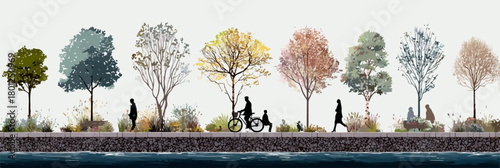 Ilustración vectorial de un paseo marítimo con árboles de diferentes estaciones y personas disfrutando del entorno.