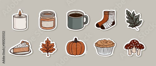 Ilustración vectorial de elementos otoñales, incluyendo una vela, café, pastel y hojas, perfecta para proyectos creativos.