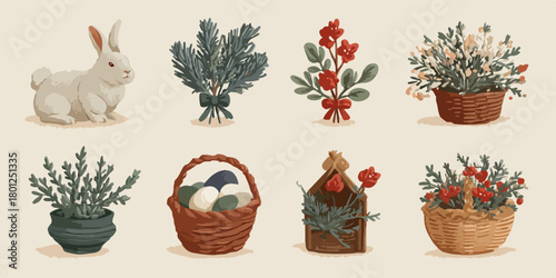 Ilustración vectorial de un conejo blanco, ramos de flores y cestas decorativas sobre un fondo beige, ideal para Pascua.