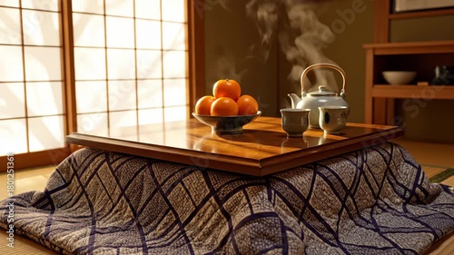 Warm winter moment in a Japanese room with a kotatsu, mandarin oranges, and steaming teapot