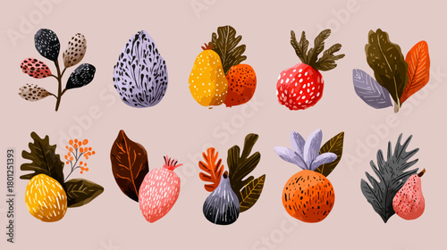 Conjunto de ilustraciones vectoriales de frutas y hojas con texturas y colores vibrantes, ideal para diseño gráfico.