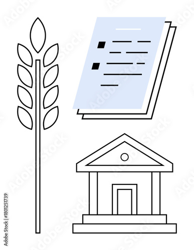 Wheat stalk, legal document and government building represent agriculture, policy, sustainability, food regulation, governance, rural economy, law, providing simple flat metaphor