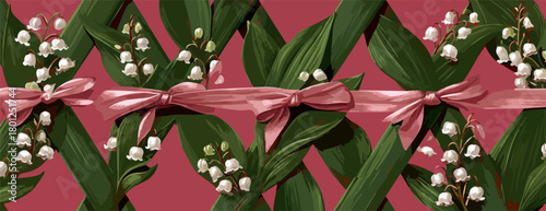 Un patrón decorativo de lirios del valle, hojas verdes y lazos rosas sobre un fondo rojo, perfecto para diseños.