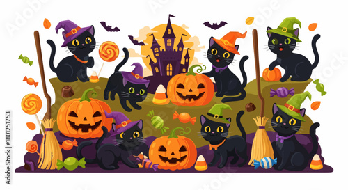 Halloween scene with black cats, pumpkins, candy, and a spooky castle.