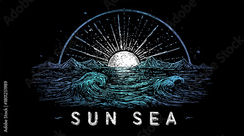 Ilustración vectorial de un amanecer sobre el mar, con olas y el sol emergiendo en el horizonte, ideal para diseño gráfico.