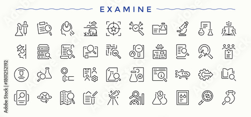 Examine line icon set. Line icons with editable stroke. Magnifying linear icon set. Featuring explore, magnify, analysis, data, discovery, investigate, research and more.