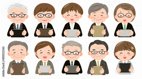 Ilustración vectorial de diversos profesionales de negocios sonrientes sosteniendo tabletas, representando un equipo diverso y moderno.