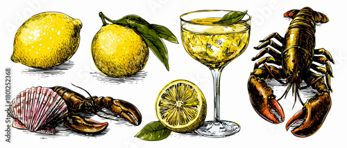 Ilustración vectorial de mariscos frescos, limones y una copa de cóctel, que evoca una sensación de lujo y sofisticación costera.